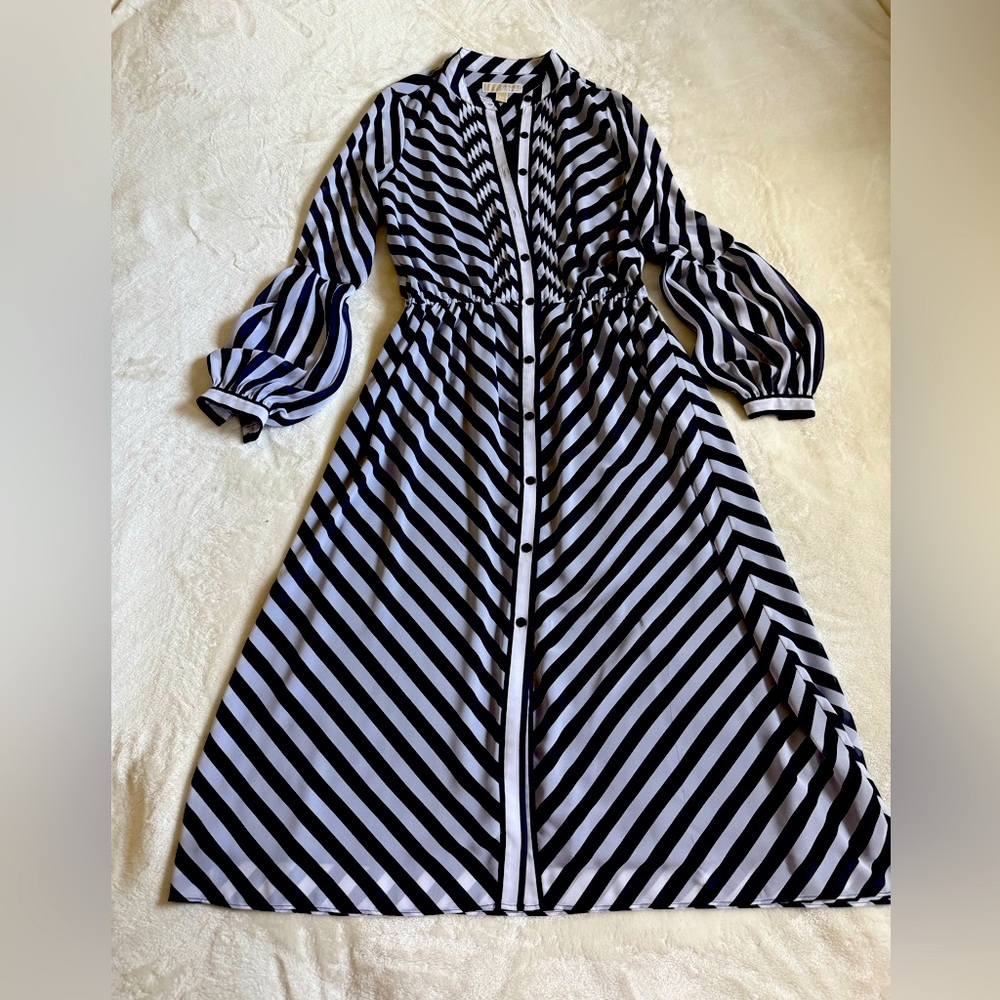 MICHAEL Michael Kors Black and White Striped Midi Dress